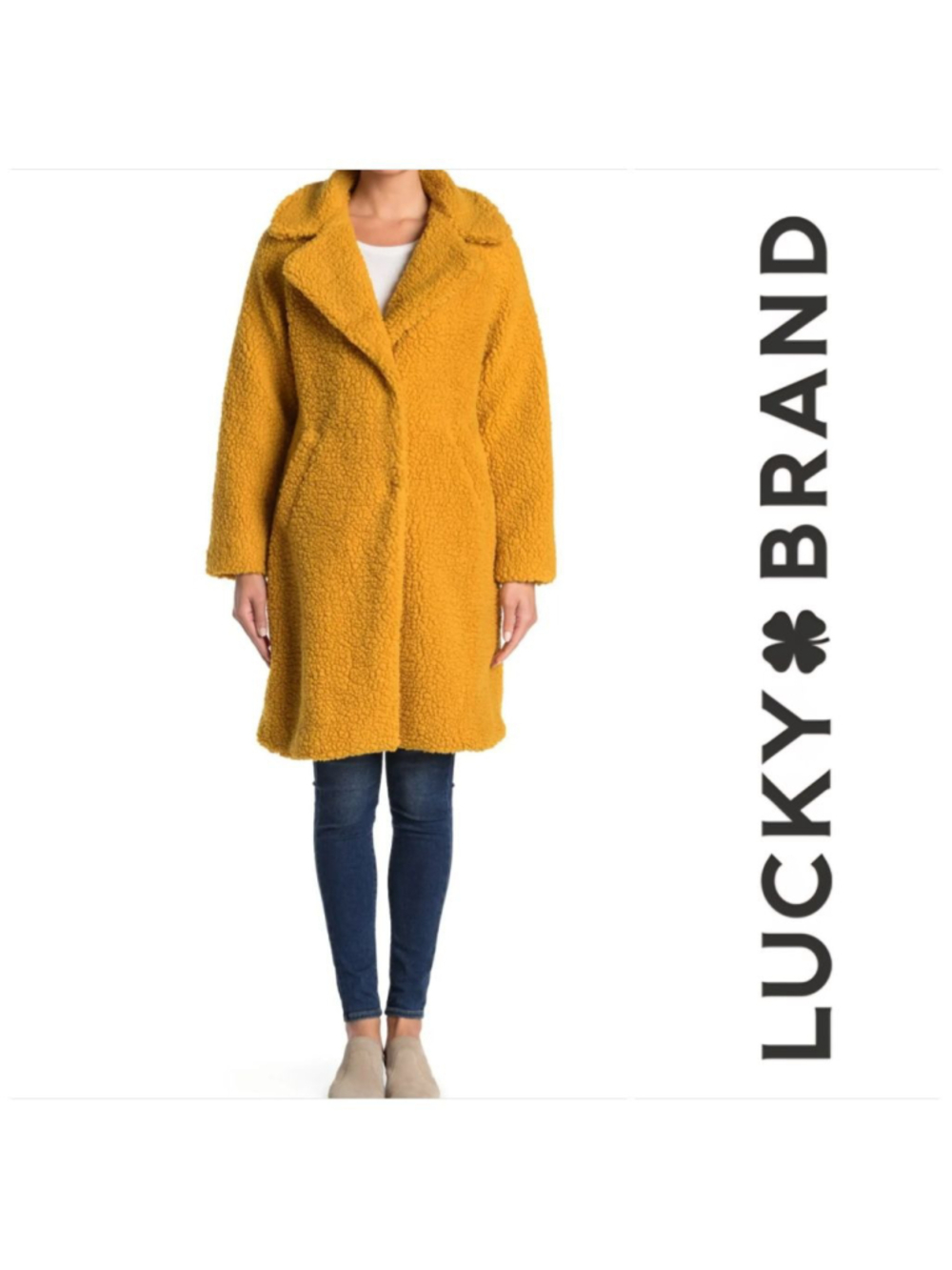 Lucky Brand M Teddy Jacket Fluffy Long Notched Collar Yellow Fuzzy Cozy Coat - Picture 2 of 13